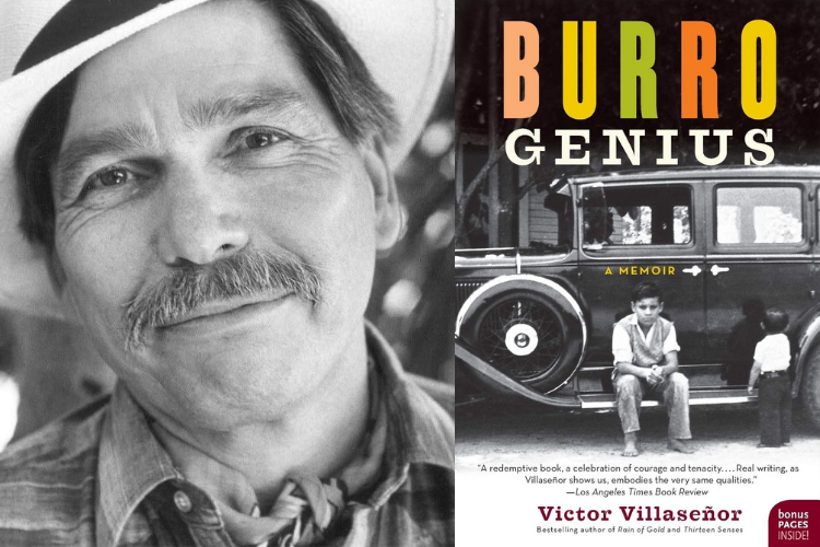 Side by side of Victor Villasenor and his book cover for "Burro Genius: A Memoir”