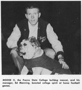 Fresno State mascot Moose with college student in 1960