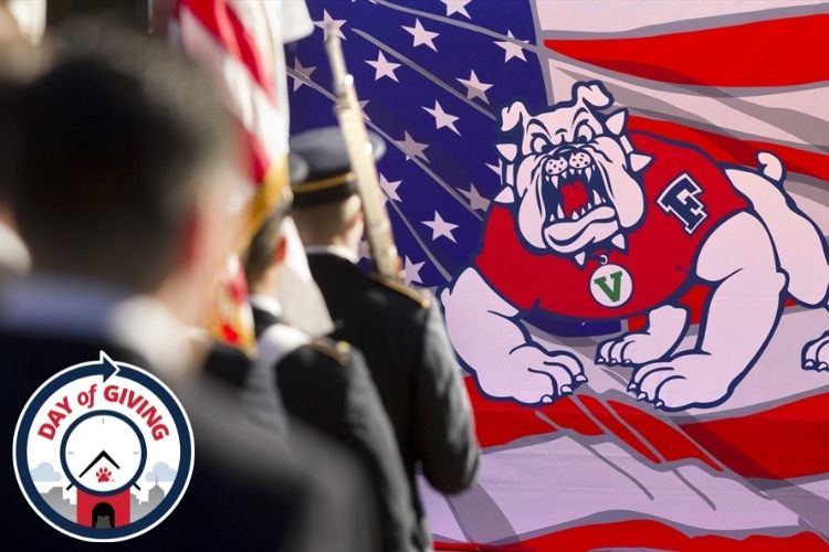 ROTC Line up in front of Fresno State mascot flag