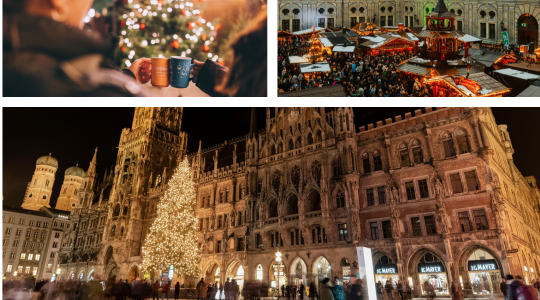 A photo collage featuring holiday joy throughout various European Christmas markets.