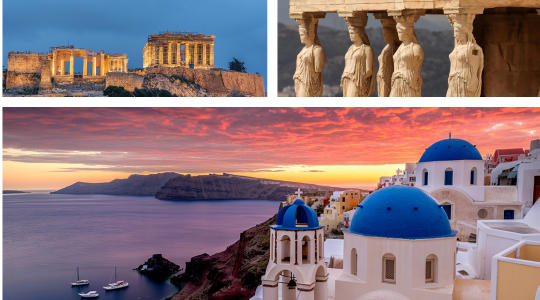 A photo collage features the historical ruins of ancient Greece.