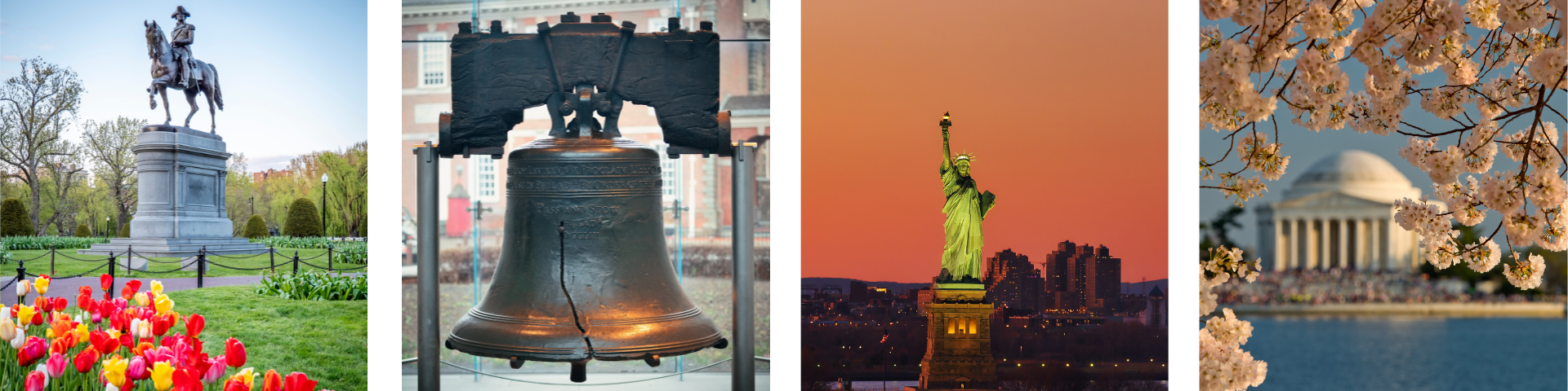 Washington monument, statue of liberty, Philadelphia liberty bell, and Boston monument