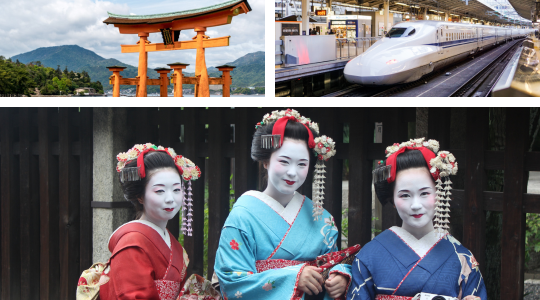 A photo collage features traditional Japanese architecture, geishas, and the fastest train in the world. 