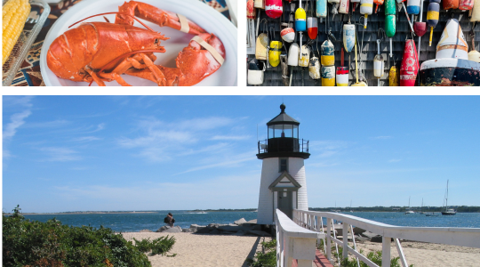 A photo collage featuring New England Lobster, nautical buoys, and a historic lighthouse on the coast of New England.