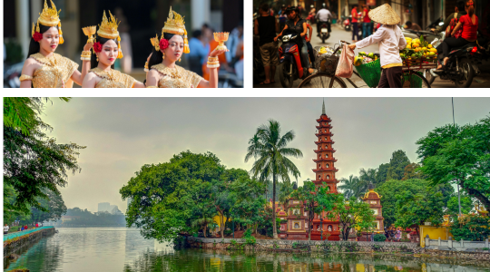 A photo collage highlights the wonders of Vietnam and Cambodia.